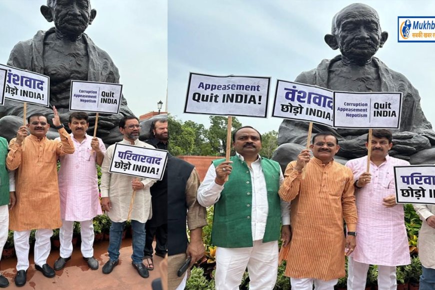 पीएम मोदी का वंशवाद पर करारा प्रहार,गांधी प्रतिमा के सामने NDA के सांसदों ने किया प्रदर्शन