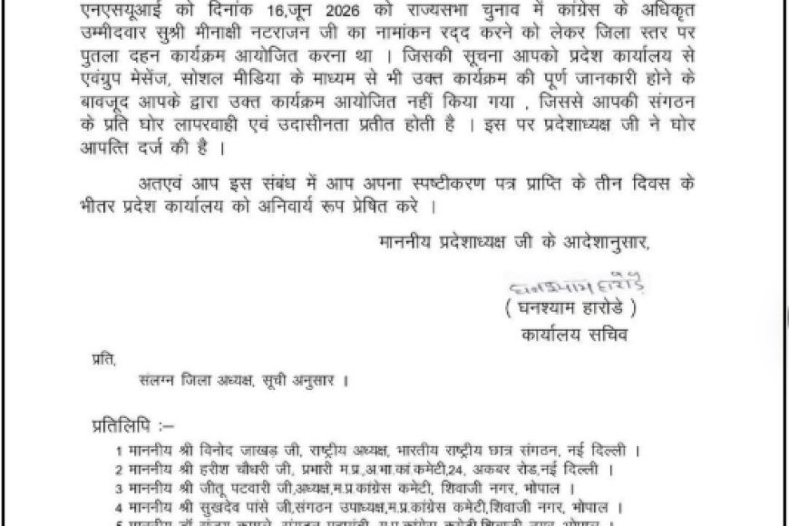 जीतू पटवारी के निर्देशों का NSUI ने नहीं किया पालन अब नोटिस जारी कर मांगा स्पष्टीकरण
